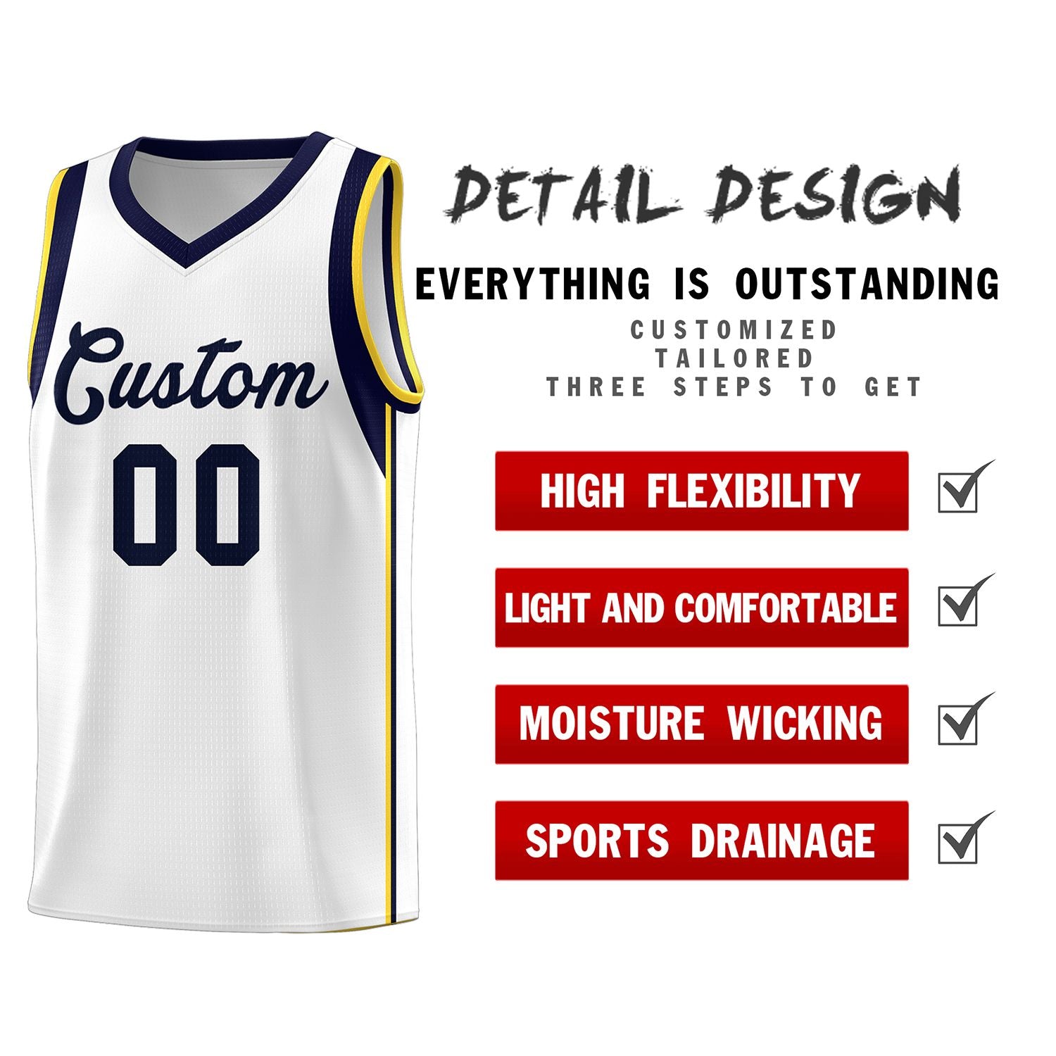 Custom White Navy Sleeve Color Blocking Classic Sports Uniform Basketball Jersey