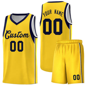 Custom Gold Navy Sleeve Colorblocking Classic Sports Uniform Basketball Jersey