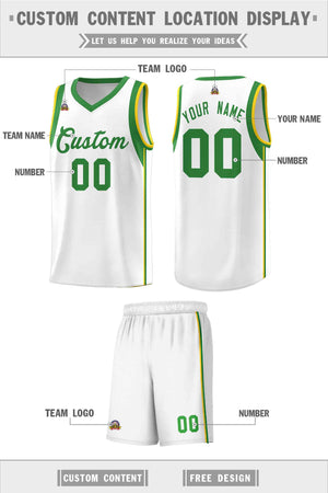 Custom White Kelly Green Sleeve Color Blocking Classic Sports Uniform Basketball Jersey