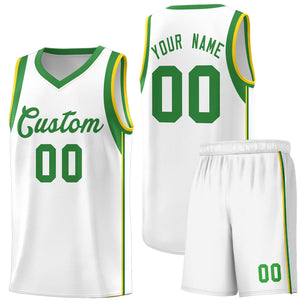 Custom White Kelly Green Sleeve Color Blocking Classic Sports Uniform Basketball Jersey