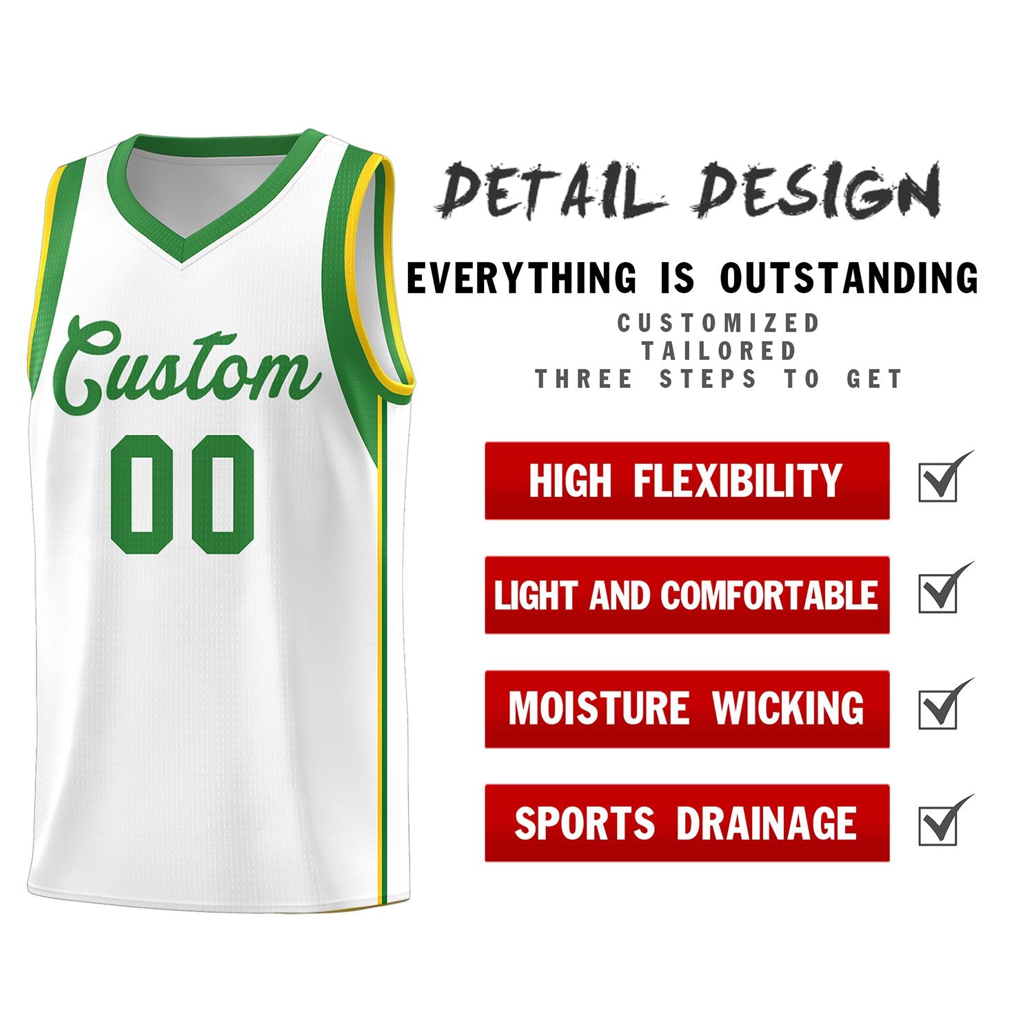 Custom White Kelly Green Sleeve Color Blocking Classic Sports Uniform Basketball Jersey