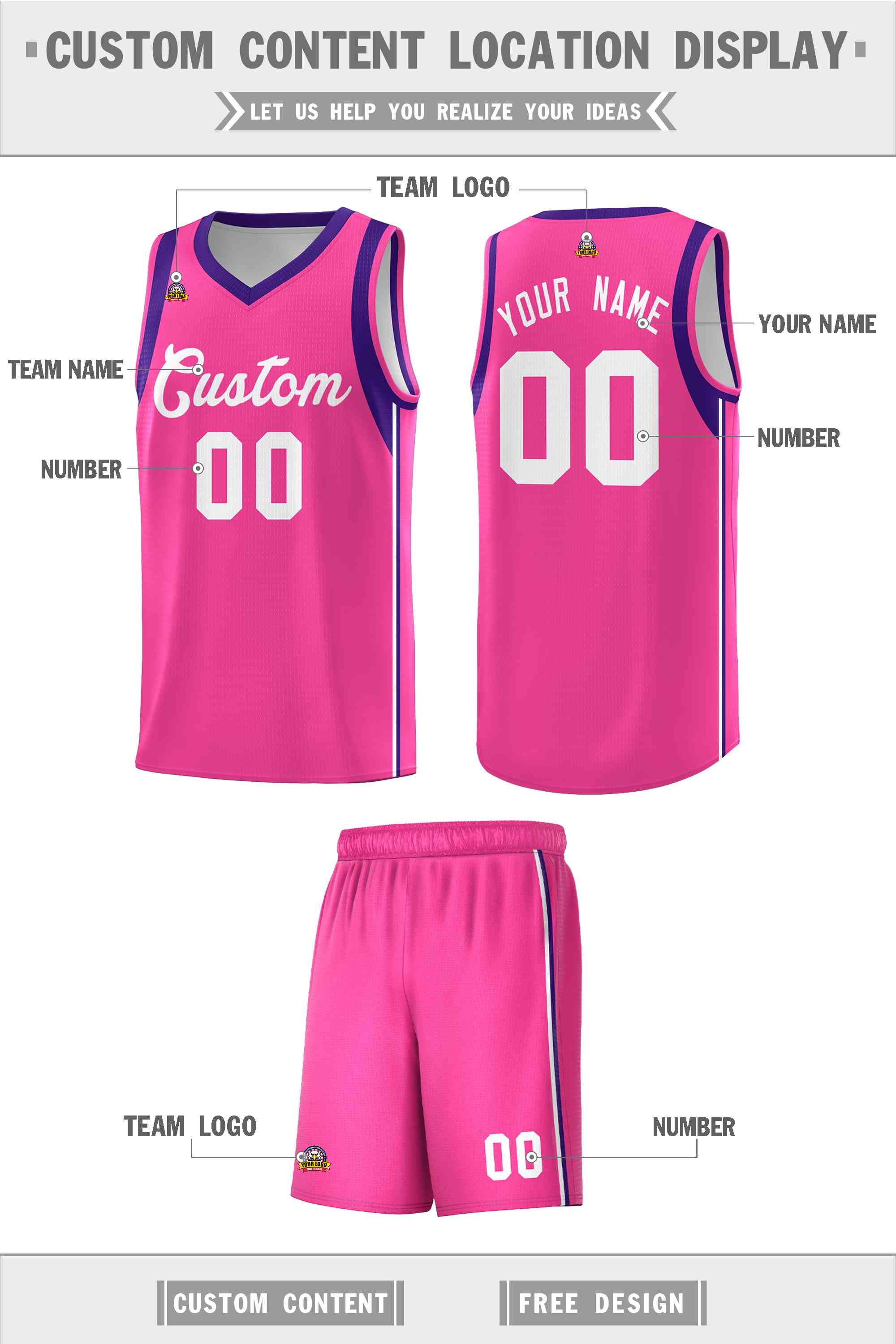 Custom Pink White Sleeve Color Blocking Classic Sports Uniform Basketball Jersey