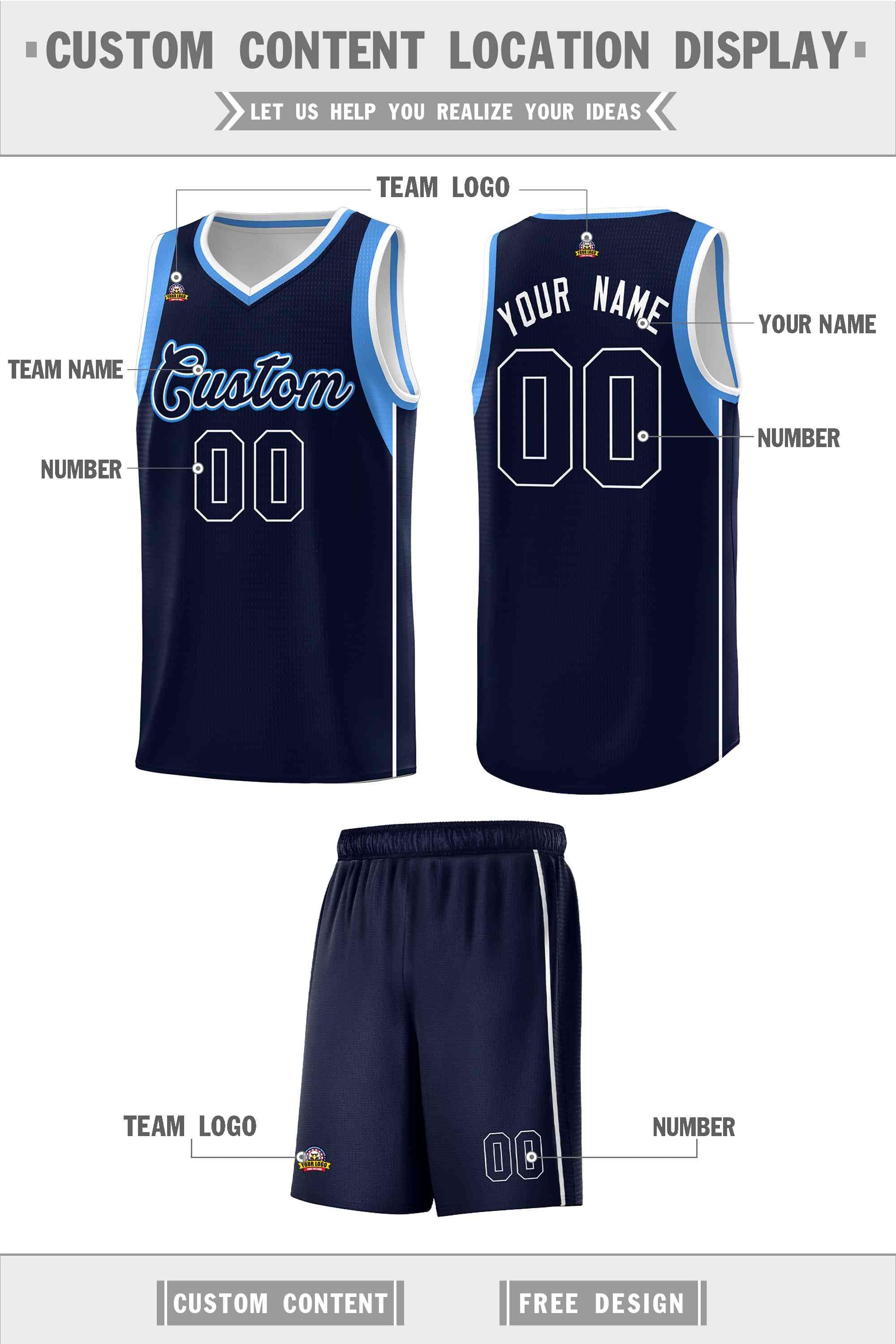 Custom Navy Powder Blue-White Sleeve Color Blocking Classic Sports Uniform Basketball Jersey