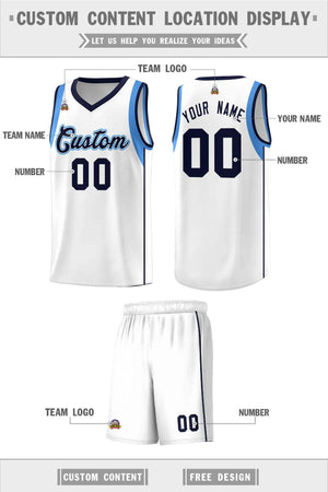 Custom White Navy-Powder Blue Sleeve Color Blocking Classic Sports Uniform Basketball Jersey