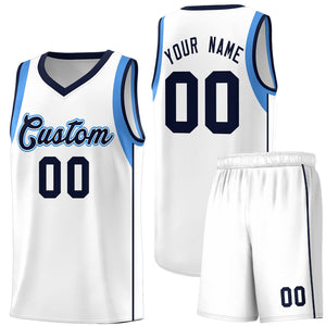 Custom White Navy-Powder Blue Sleeve Color Blocking Classic Sports Uniform Basketball Jersey