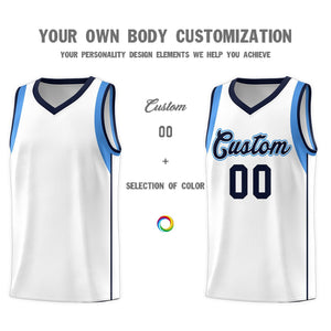 Custom White Navy-Powder Blue Sleeve Color Blocking Classic Sports Uniform Basketball Jersey