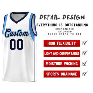 Custom White Navy-Powder Blue Sleeve Color Blocking Classic Sports Uniform Basketball Jersey