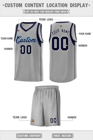 Custom Gray Navy-White Sleeve Colorblocking Classic Sports Uniform Basketball Jersey