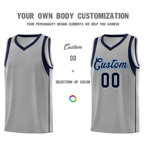 Custom Gray Navy-White Sleeve Colorblocking Classic Sports Uniform Basketball Jersey