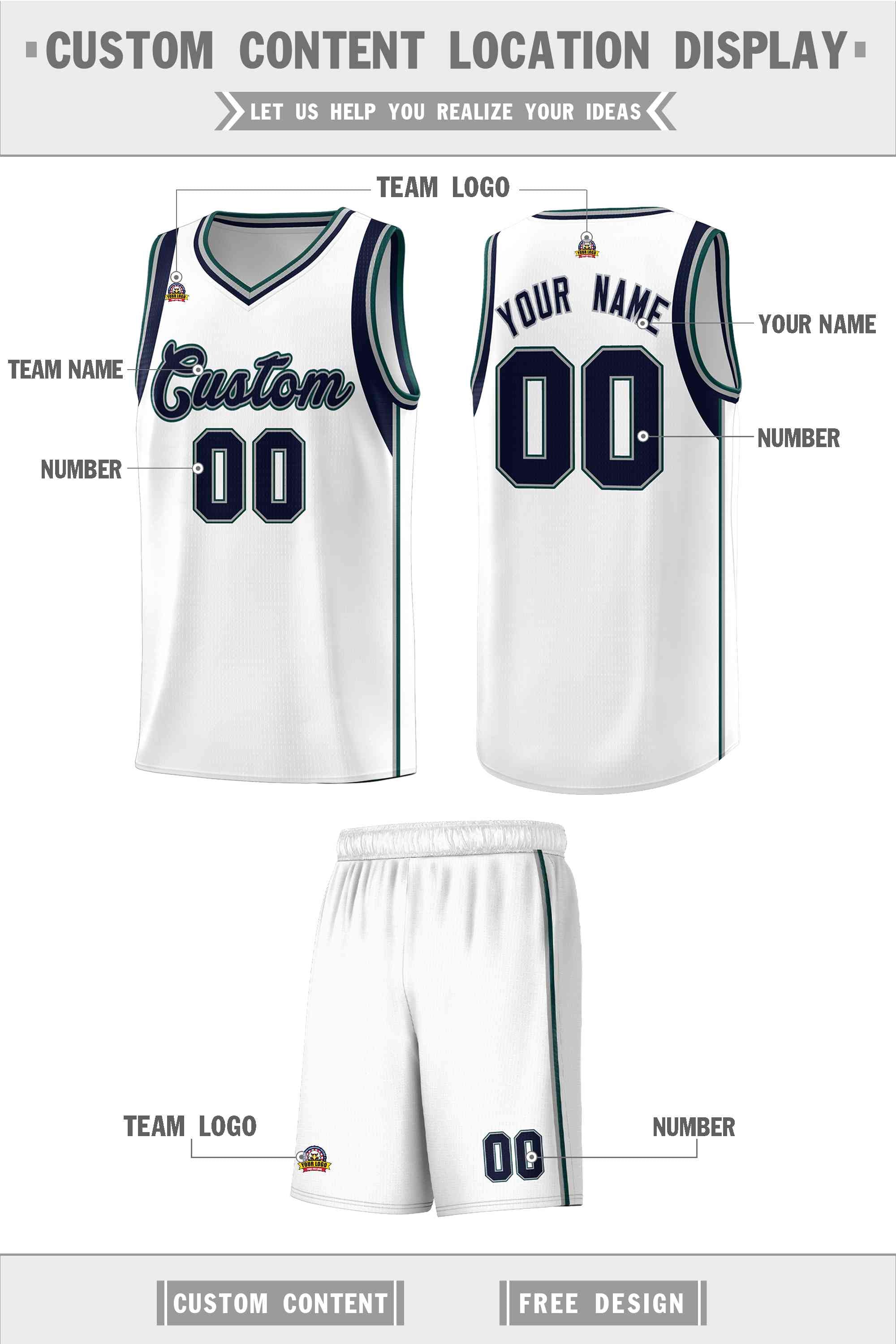 Custom White Navy-Gray Sleeve Color Blocking Classic Sports Uniform Basketball Jersey