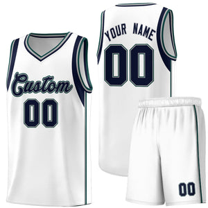 Custom White Navy-Gray Sleeve Color Blocking Classic Sports Uniform Basketball Jersey