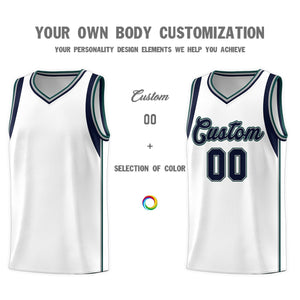 Custom White Navy-Gray Sleeve Color Blocking Classic Sports Uniform Basketball Jersey