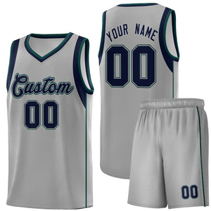 Custom Gray Navy-Green Sleeve Color Blocking Classic Sports Uniform Basketball Jersey