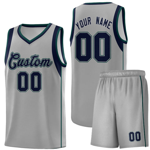 Custom Gray Navy-Green Sleeve Colorblocking Classic Sports Uniform Basketball Jersey
