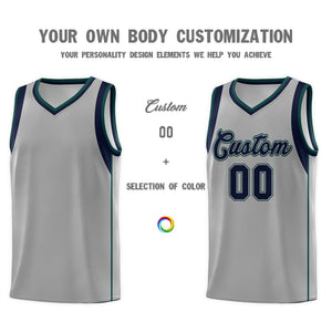 Custom Gray Navy-Green Sleeve Color Blocking Classic Sports Uniform Basketball Jersey