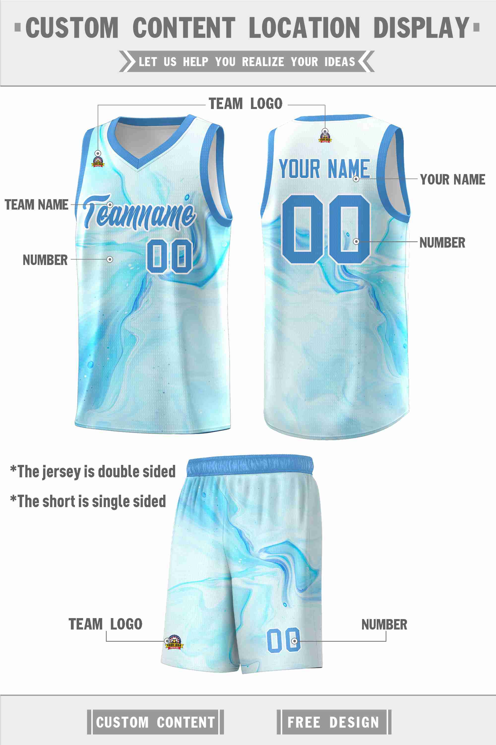 Custom Powder Blue White Pattern Tie Dye Sports Uniform Basketball Jersey