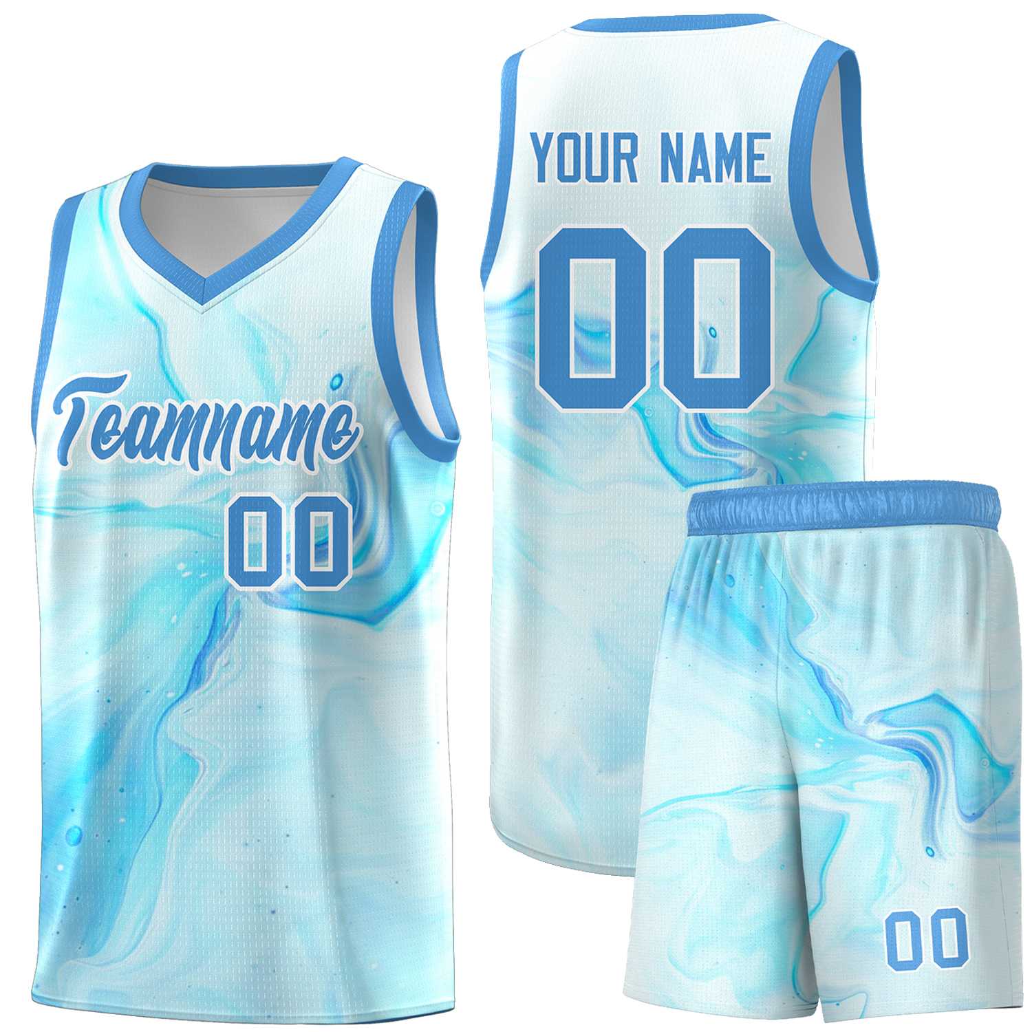 Custom Powder Blue White Pattern Tie Dye Sports Uniform Basketball Jersey