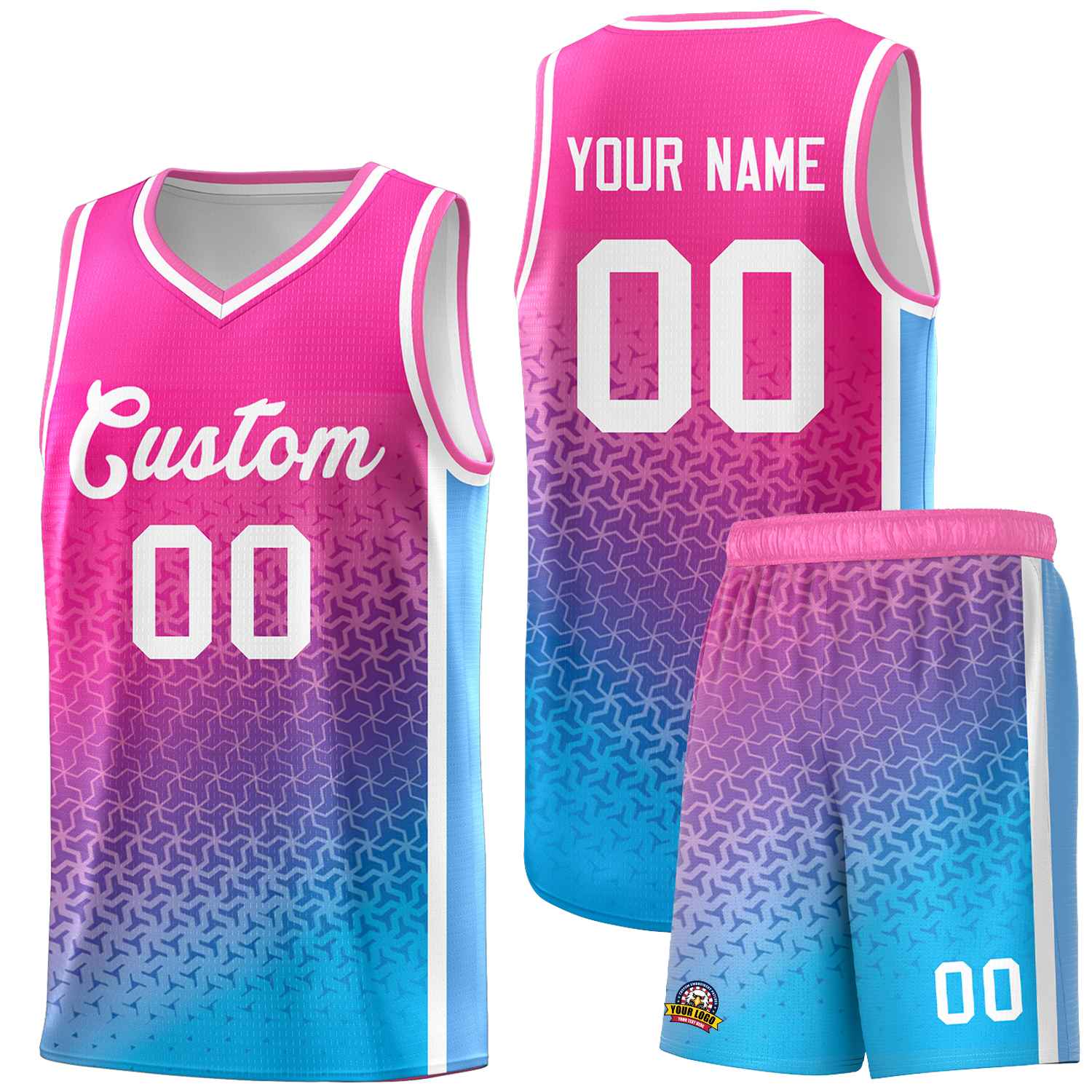 Custom Pink Powder Blue Gradient Design Irregular Shapes Pattern Sports Uniform Basketball Jersey