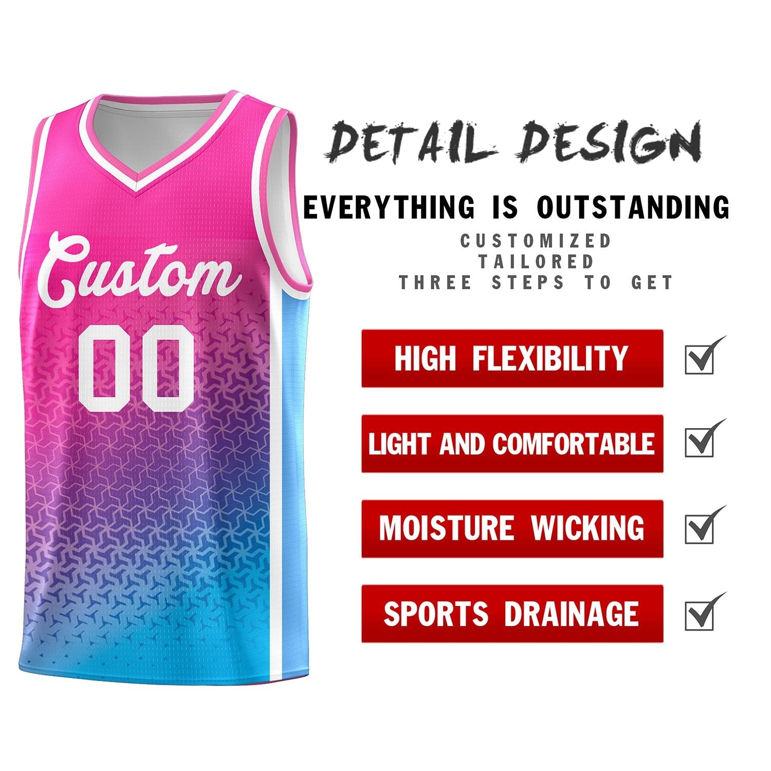 Custom Pink Powder Blue Gradient Design Irregular Shapes Pattern Sports Uniform Basketball Jersey