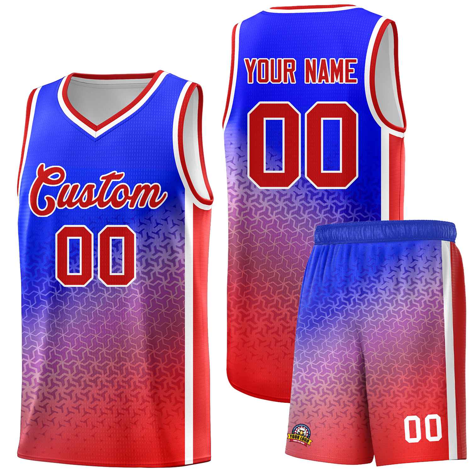 Custom Royal Red Gradient Design Irregular Shapes Pattern Sports Uniform Basketball Jersey