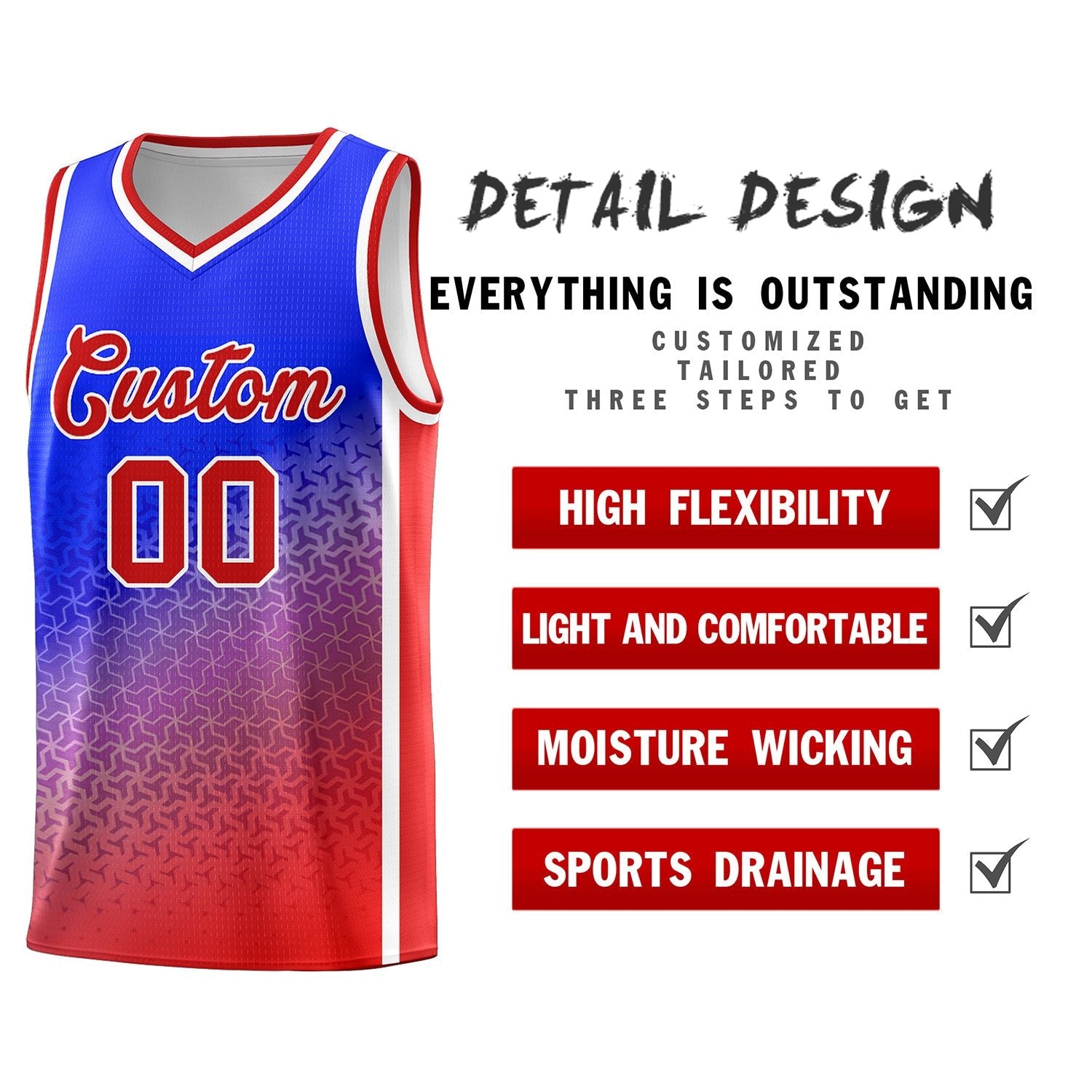 Custom Royal Red Gradient Design Irregular Shapes Pattern Sports Uniform Basketball Jersey