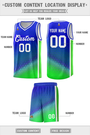 Custom Royal Fluorescent Green Gradient Design Irregular Shapes Pattern Sports Uniform Basketball Jersey