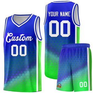 Custom Royal Fluorescent Green Gradient Design Irregular Shapes Pattern Sports Uniform Basketball Jersey