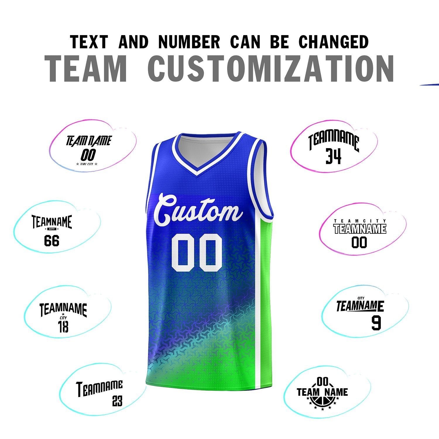 Custom Royal Fluorescent Green Gradient Design Irregular Shapes Pattern Sports Uniform Basketball Jersey