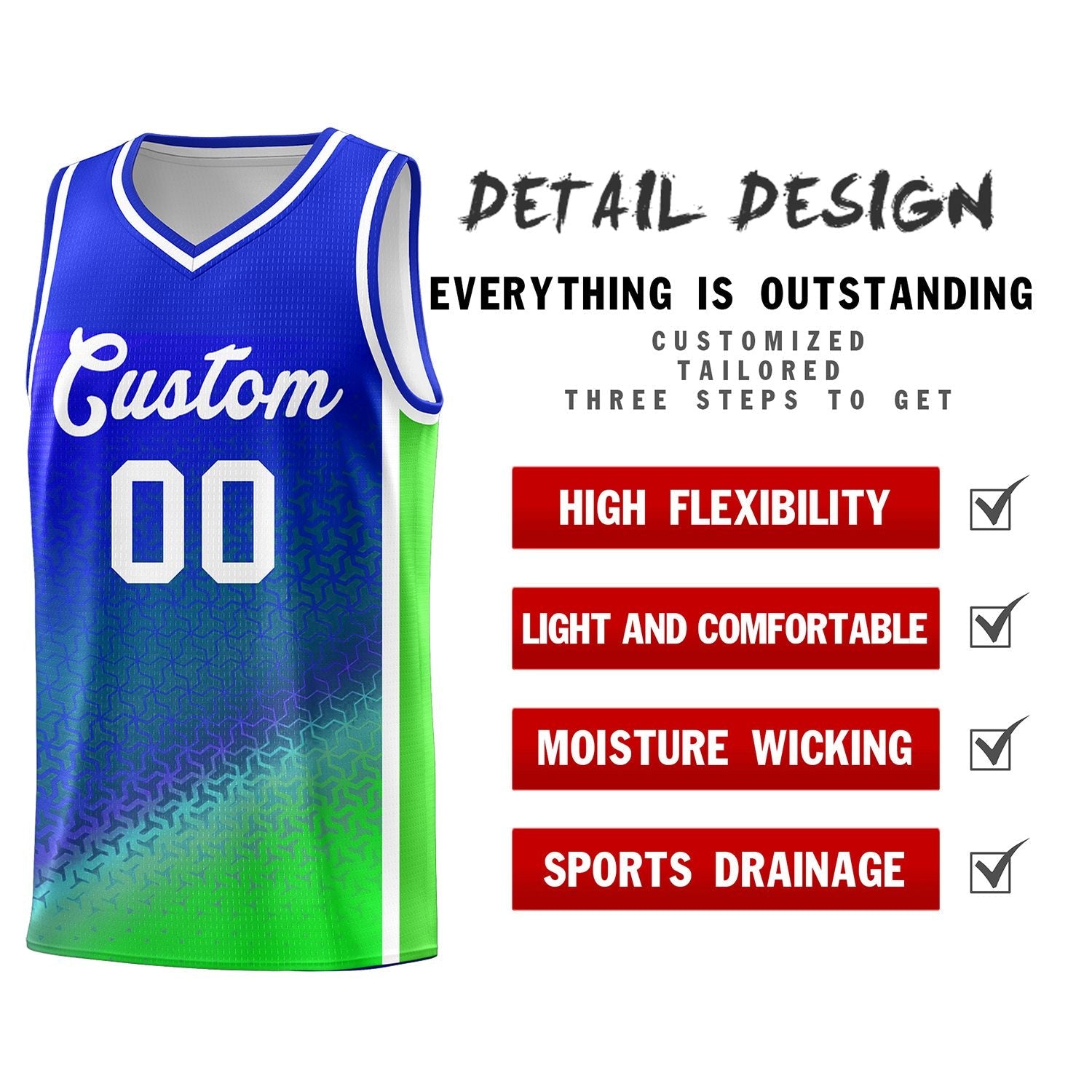 Custom Royal Fluorescent Green Gradient Design Irregular Shapes Pattern Sports Uniform Basketball Jersey