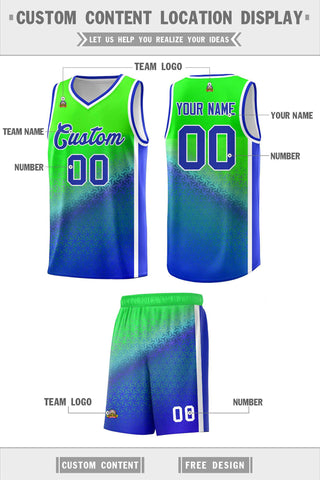 Custom Fluorescent Green Royal Gradient Design Irregular Shapes Pattern Sports Uniform Basketball Jersey