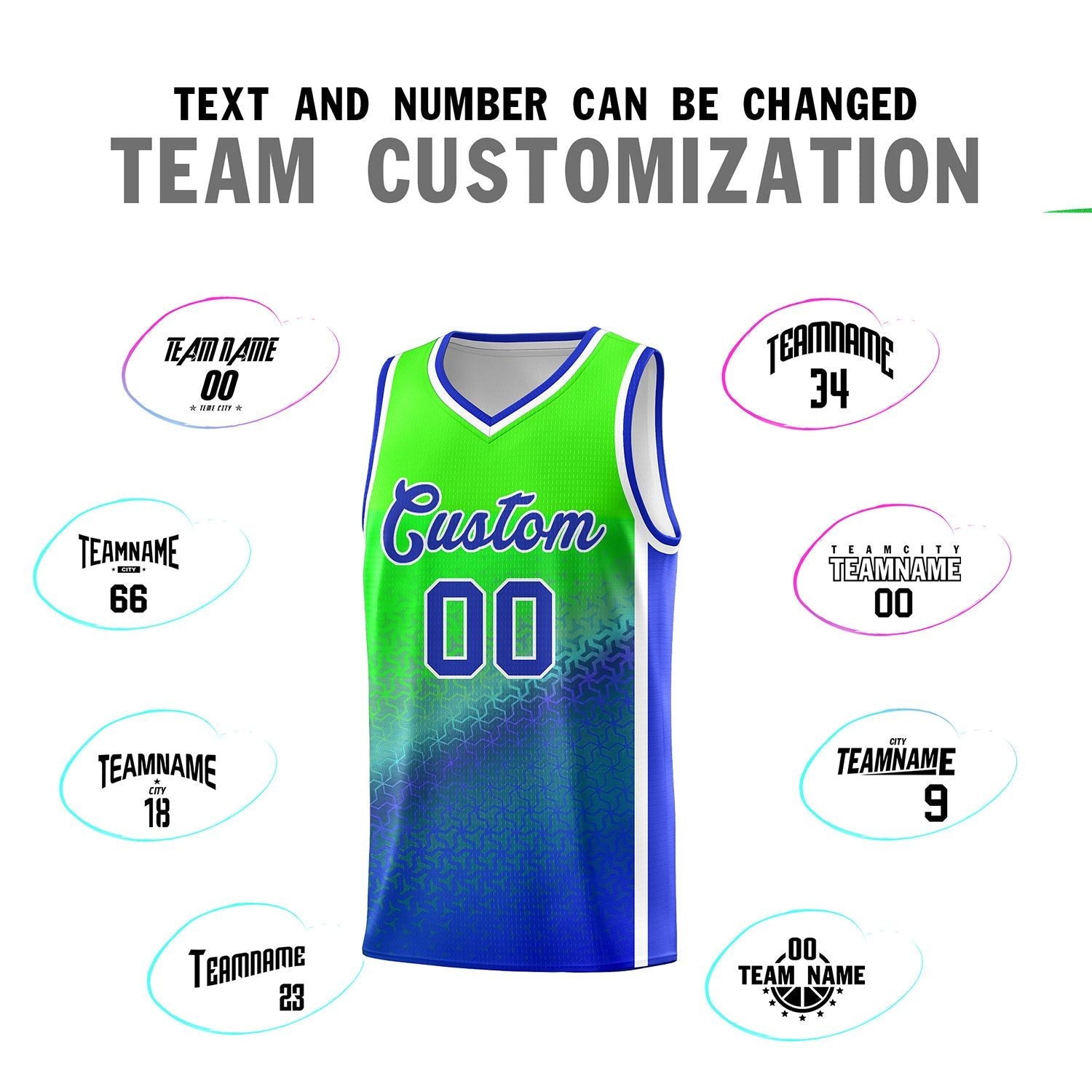 Custom Fluorescent Green Royal Gradient Design Irregular Shapes Pattern Sports Uniform Basketball Jersey