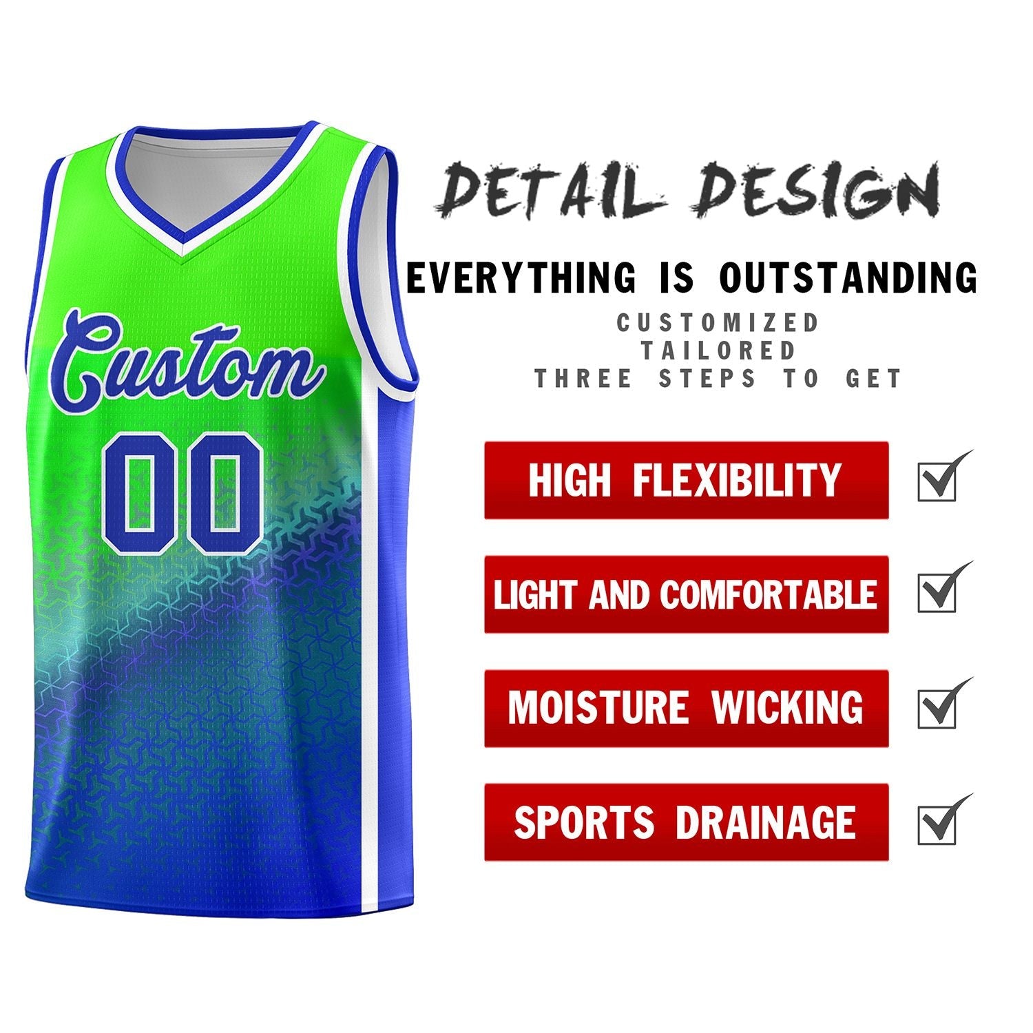 Custom Fluorescent Green Royal Gradient Design Irregular Shapes Pattern Sports Uniform Basketball Jersey