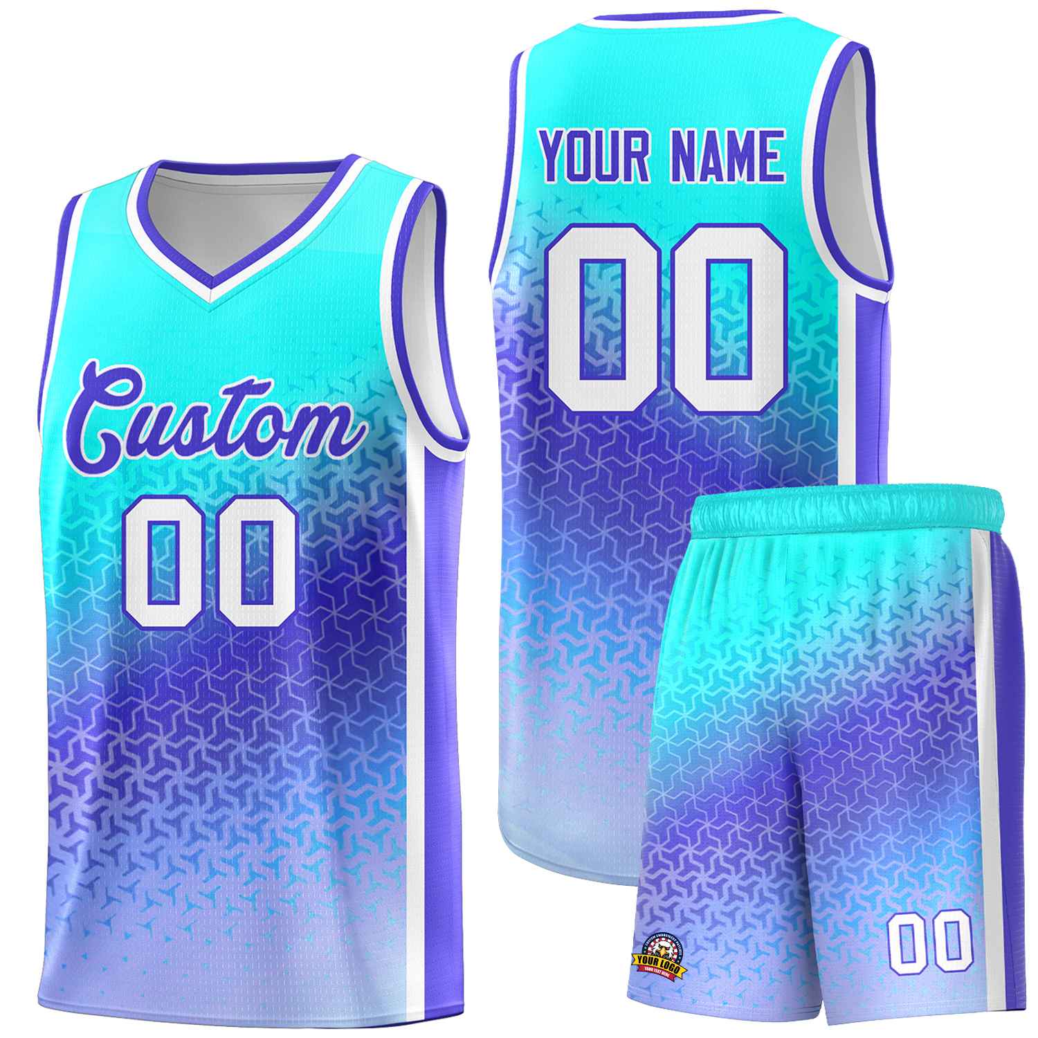 Custom Sky Blue Light Purple Gradient Design Irregular Shapes Pattern Sports Uniform Basketball Jersey