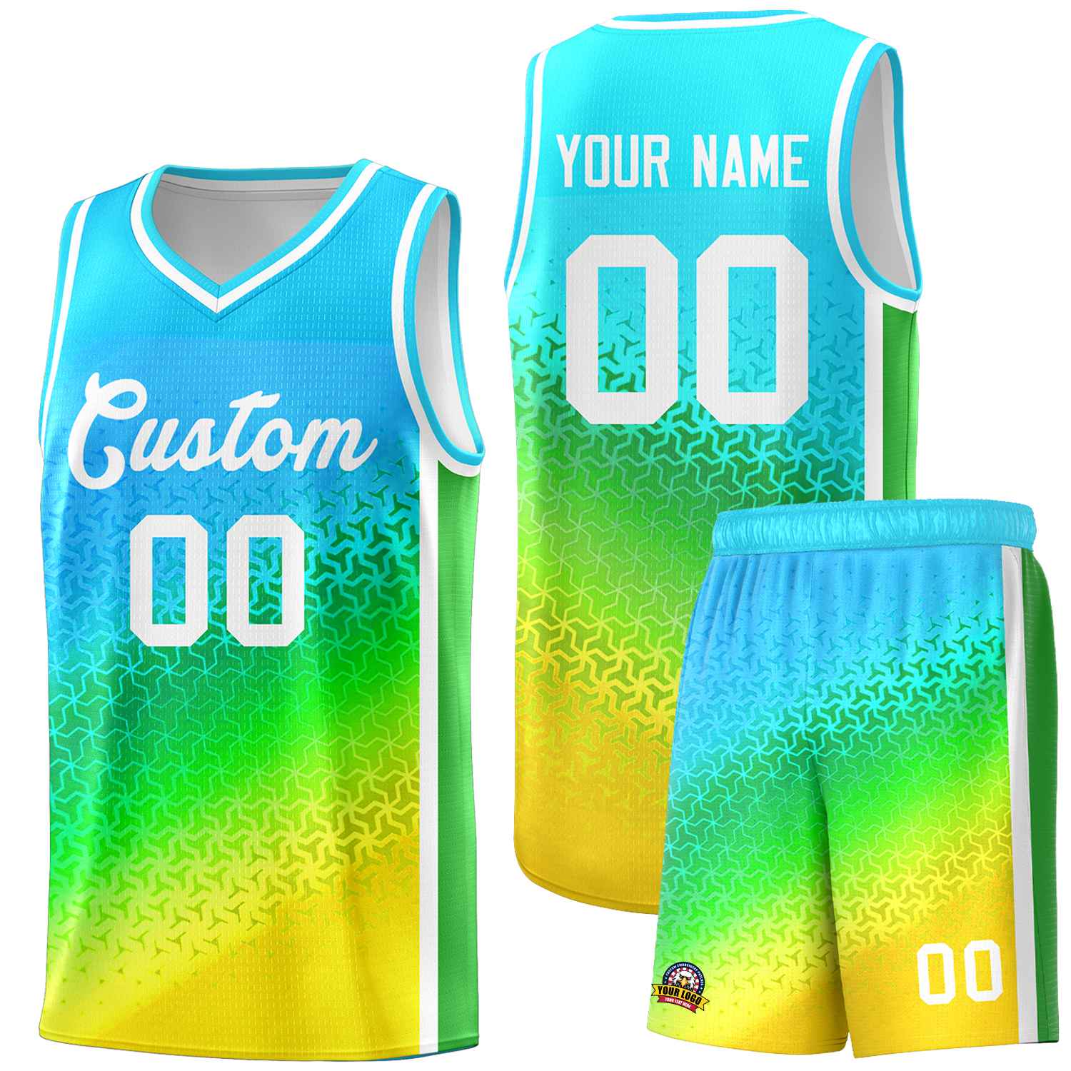 Custom Sky Blue Light Purple-Gold Gradient Design Irregular Shapes Pattern Sports Uniform Basketball Jersey