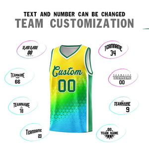 Custom Gold Light Green-Sky Blue Gradient Design Irregular Shapes Pattern Sports Uniform Basketball Jersey