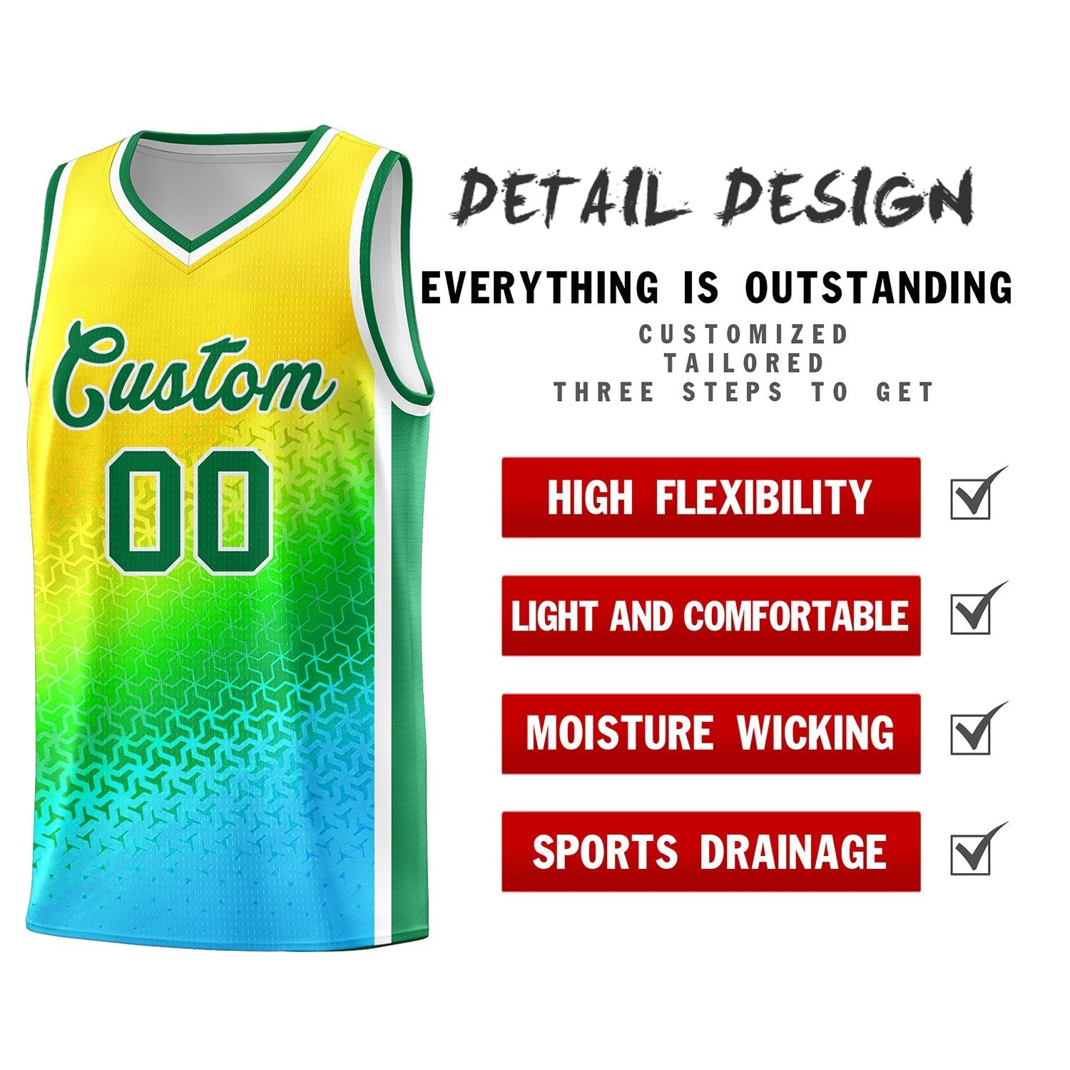 Custom Gold Light Green-Sky Blue Gradient Design Irregular Shapes Pattern Sports Uniform Basketball Jersey