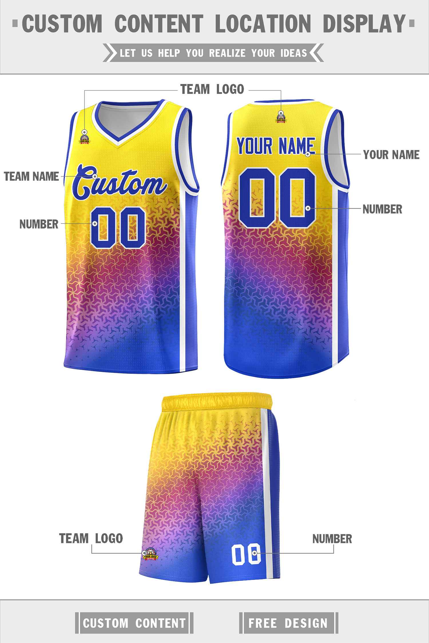 Custom Gold Purple-Royal Gradient Design Irregular Shapes Pattern Sports Uniform Basketball Jersey