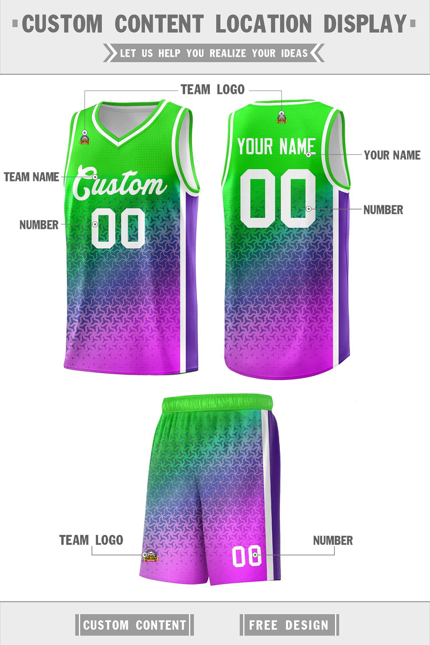 Custom Neon Green Purple-Pink Gradient Design Irregular Shapes Pattern Sports Uniform Basketball Jersey