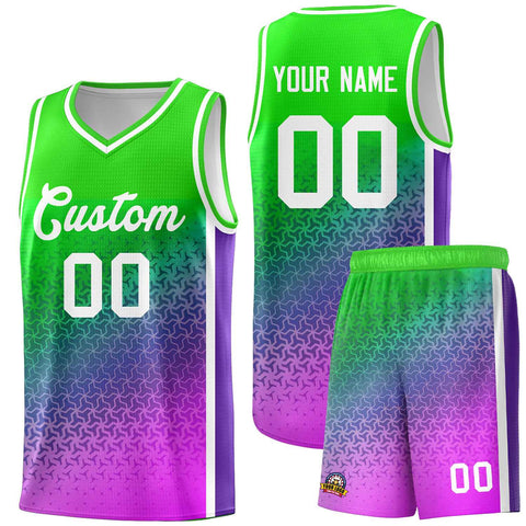 Custom Neon Green Purple-Pink Gradient Design Irregular Shapes Pattern Sports Uniform Basketball Jersey