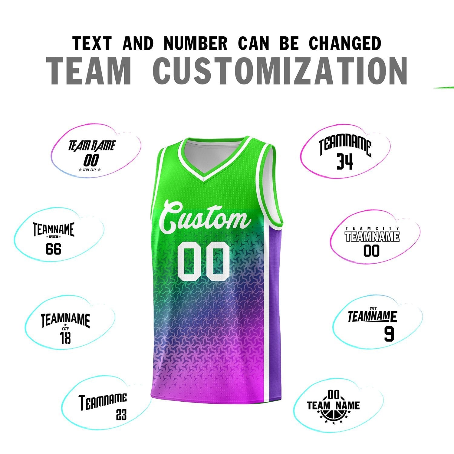 Custom Neon Green Purple-Pink Gradient Design Irregular Shapes Pattern Sports Uniform Basketball Jersey