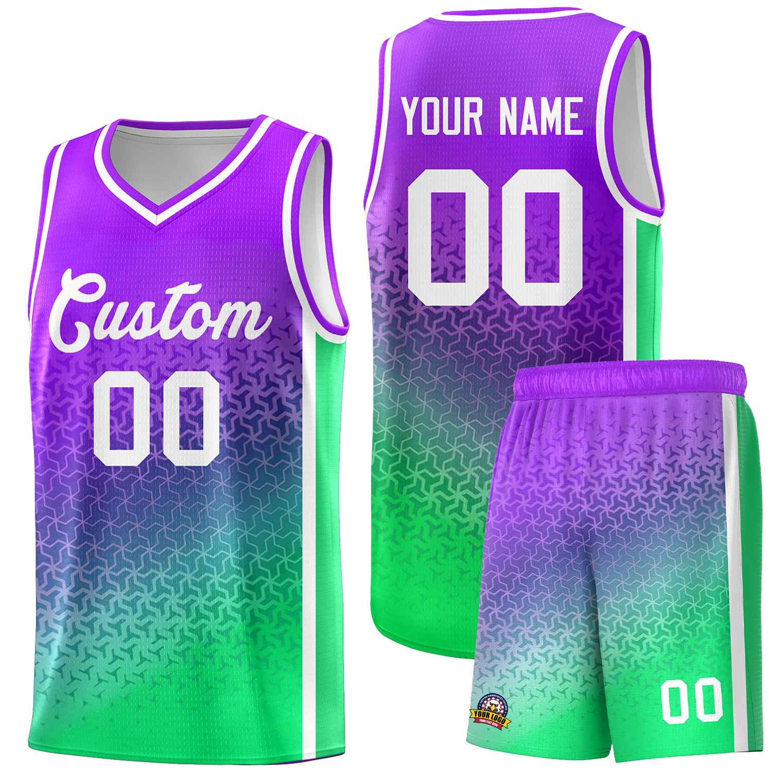 Custom Purple Fluorescent Green Gradient Design Irregular Shapes Pattern Sports Uniform Basketball Jersey