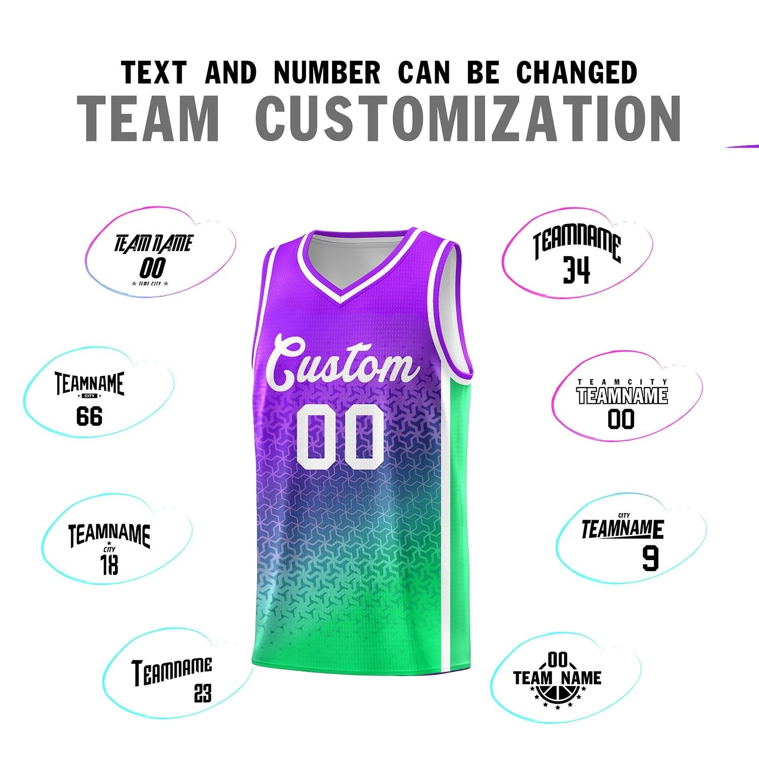 Custom Purple Fluorescent Green Gradient Design Irregular Shapes Pattern Sports Uniform Basketball Jersey