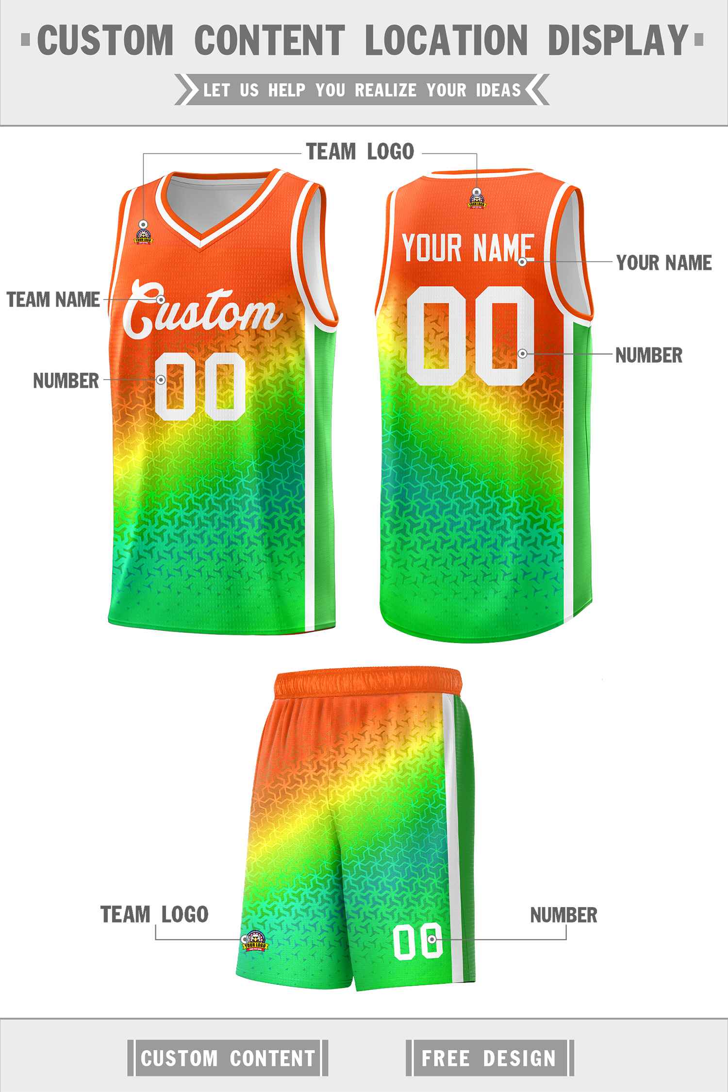 Custom Orange Light Green Gradient Design Irregular Shapes Pattern Sports Uniform Basketball Jersey