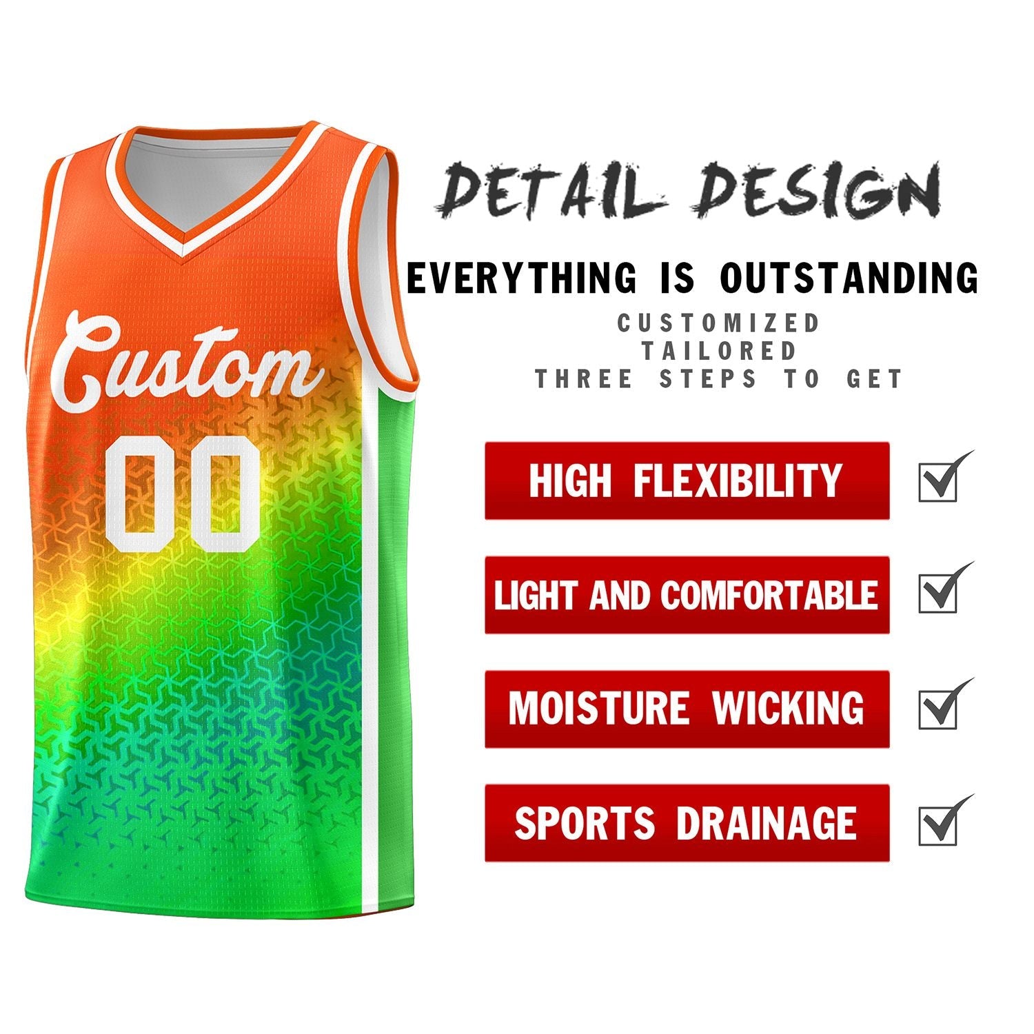 Custom Orange Light Green Gradient Design Irregular Shapes Pattern Sports Uniform Basketball Jersey