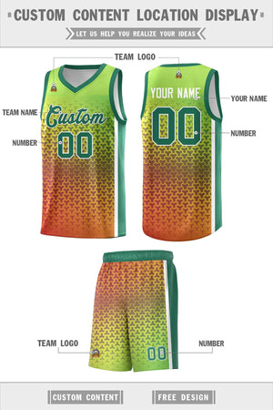 Custom Kelly Green Orange Gradient Design Irregular Shapes Pattern Sports Uniform Basketball Jersey