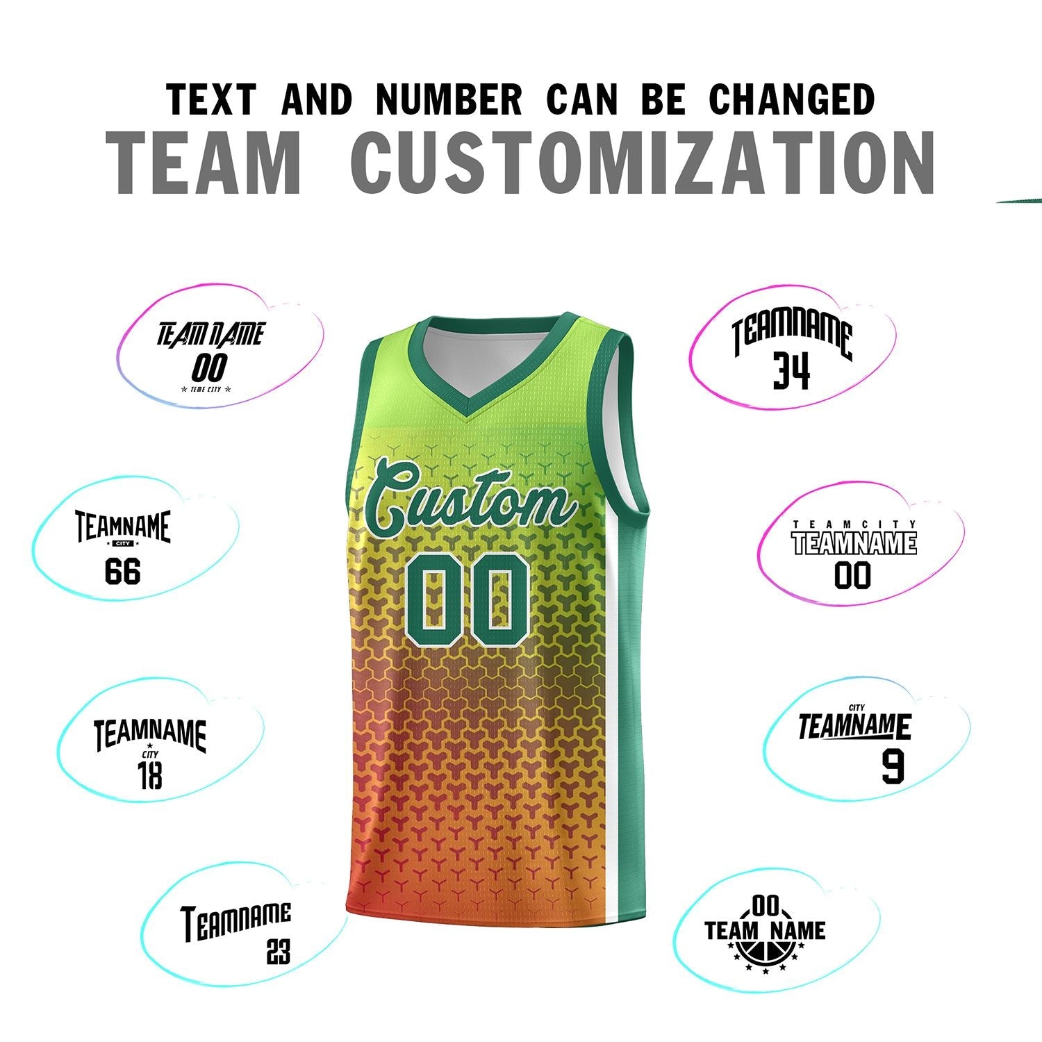 Custom Kelly Green Orange Gradient Design Irregular Shapes Pattern Sports Uniform Basketball Jersey