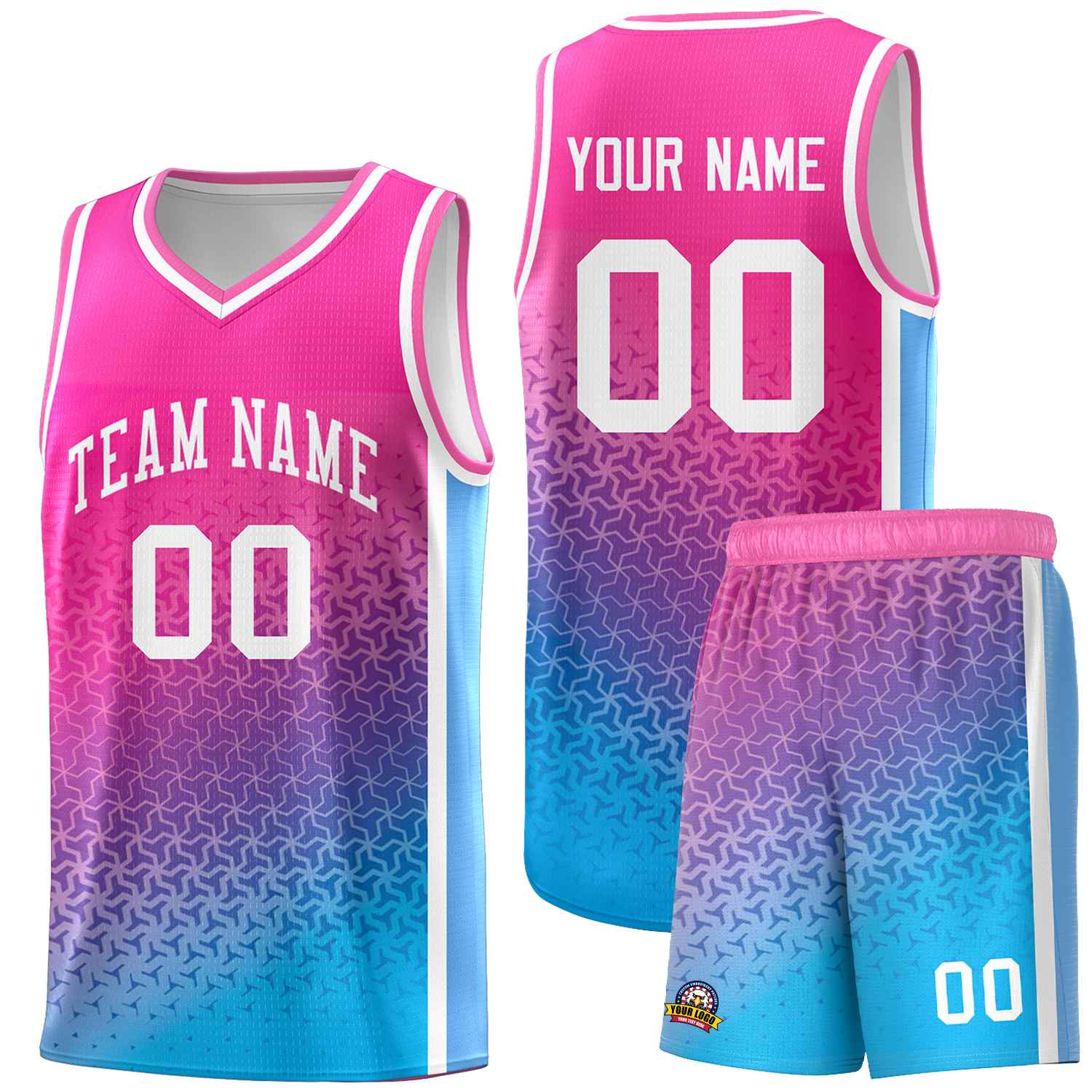 Custom Pink Powder Blue Gradient Design Irregular Shapes Pattern Sports Uniform Basketball Jersey