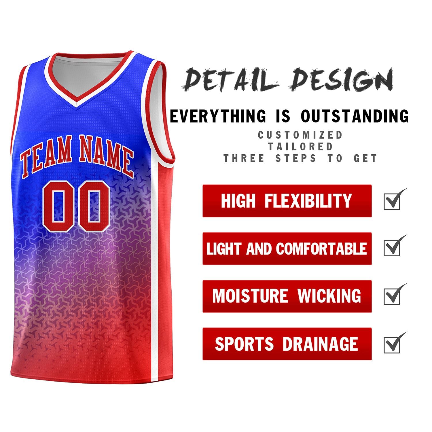 Custom Royal Red Gradient Design Irregular Shapes Pattern Sports Uniform Basketball Jersey