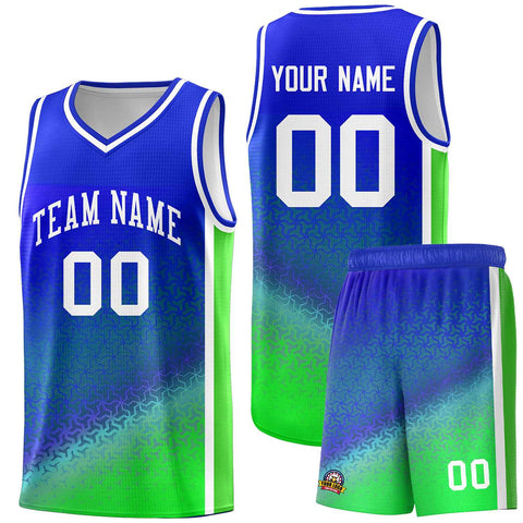 Custom Royal Fluorescent Green Gradient Design Irregular Shapes Pattern Sports Uniform Basketball Jersey