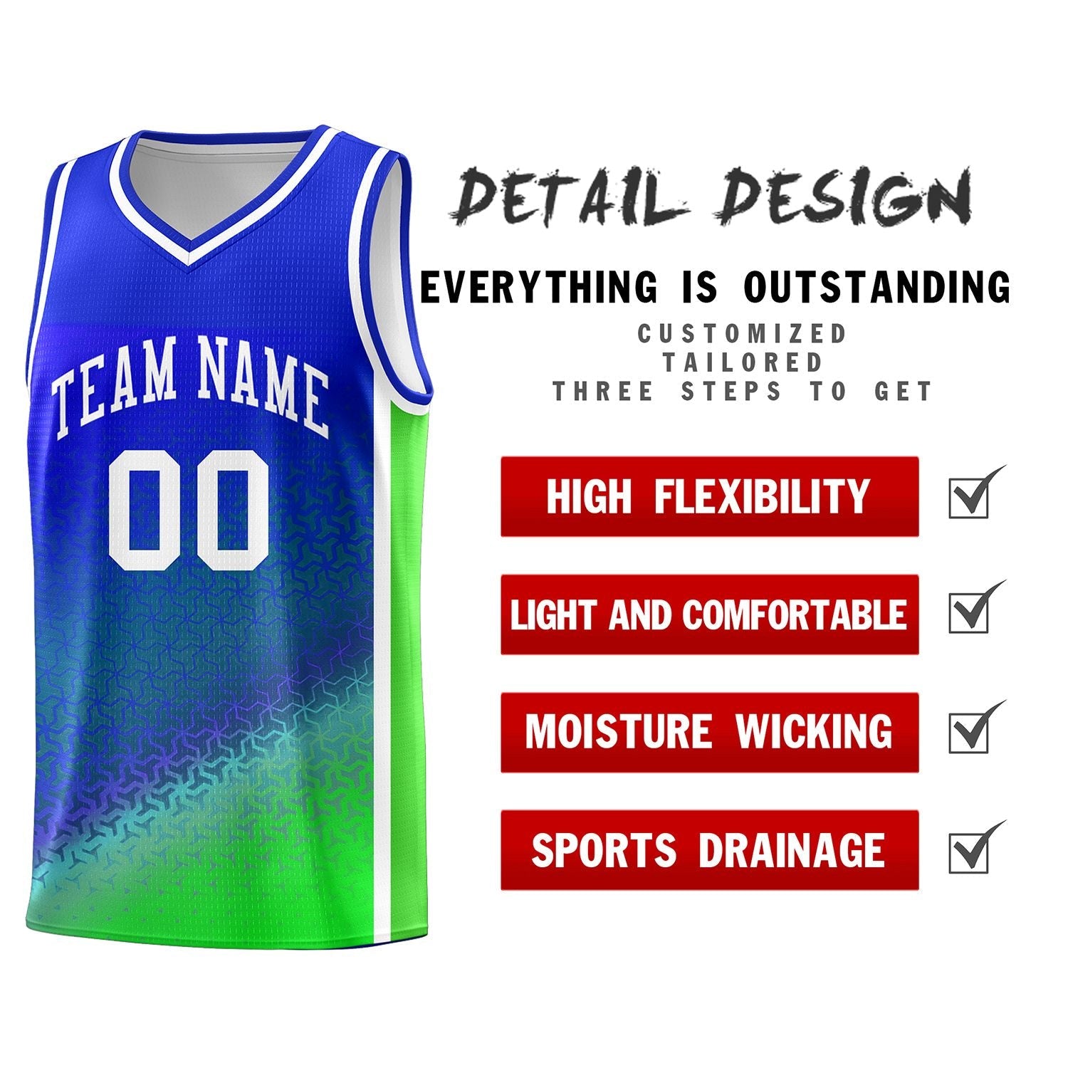 Custom Royal Fluorescent Green Gradient Design Irregular Shapes Pattern Sports Uniform Basketball Jersey